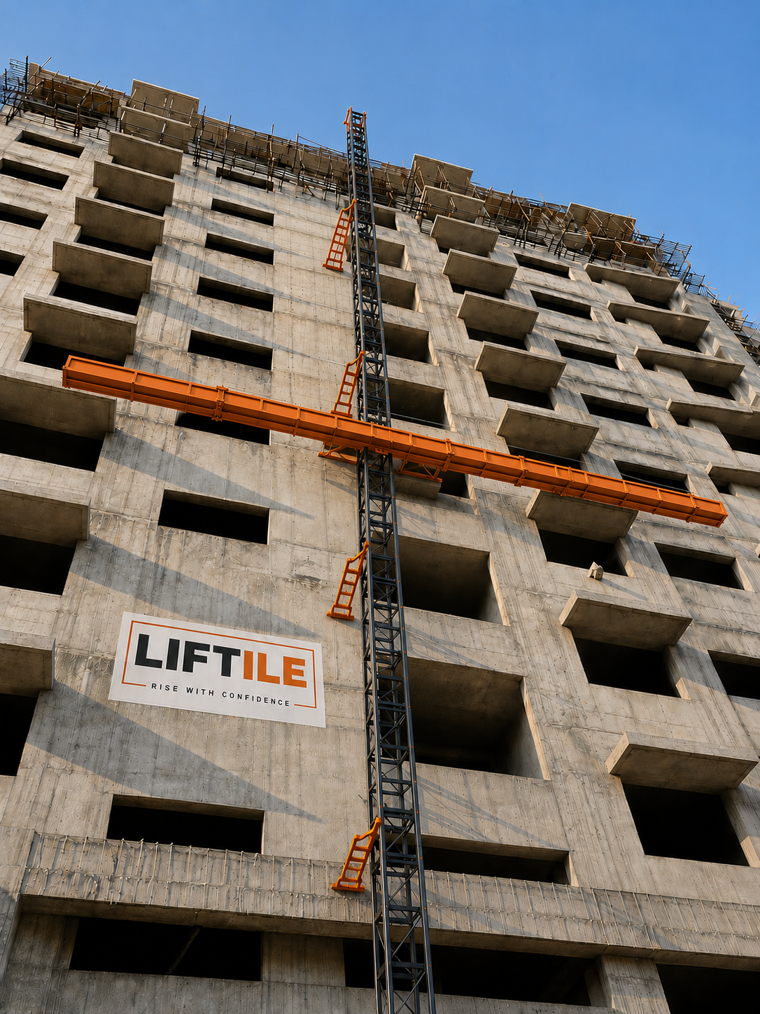 LMTB Series on a high-rise construction project — LIFTILE 'Rise With Confidence' banner in view
