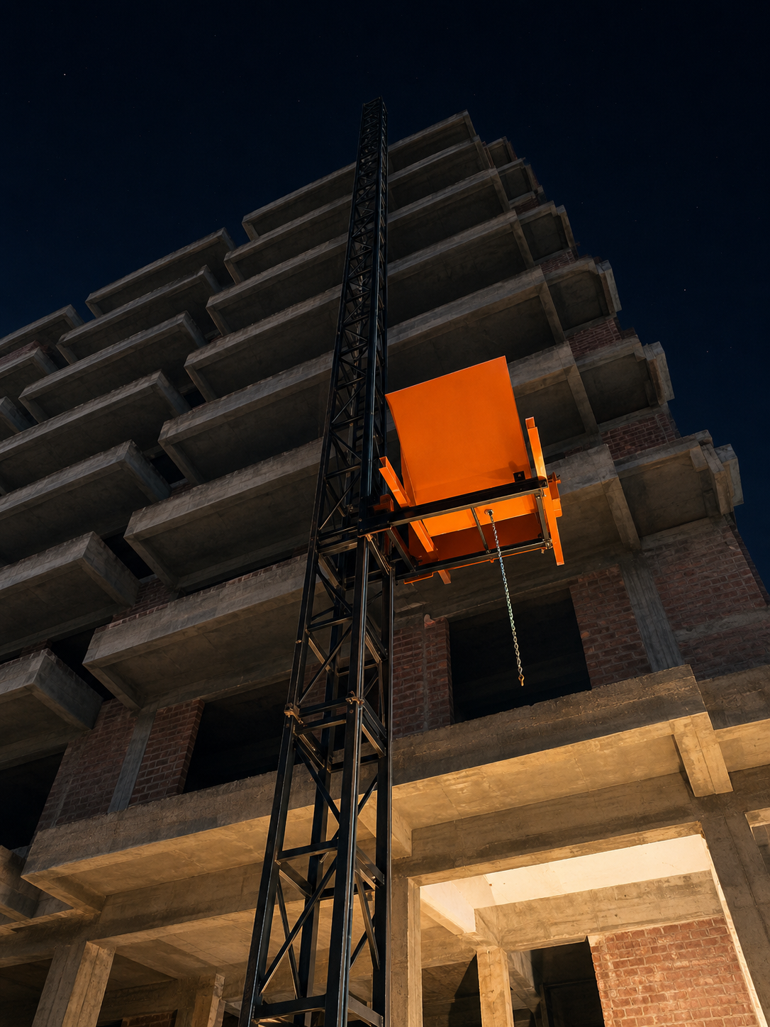 Rectangular tilting bucket in operation — LMTB Series on a night pour at a multi-storey building