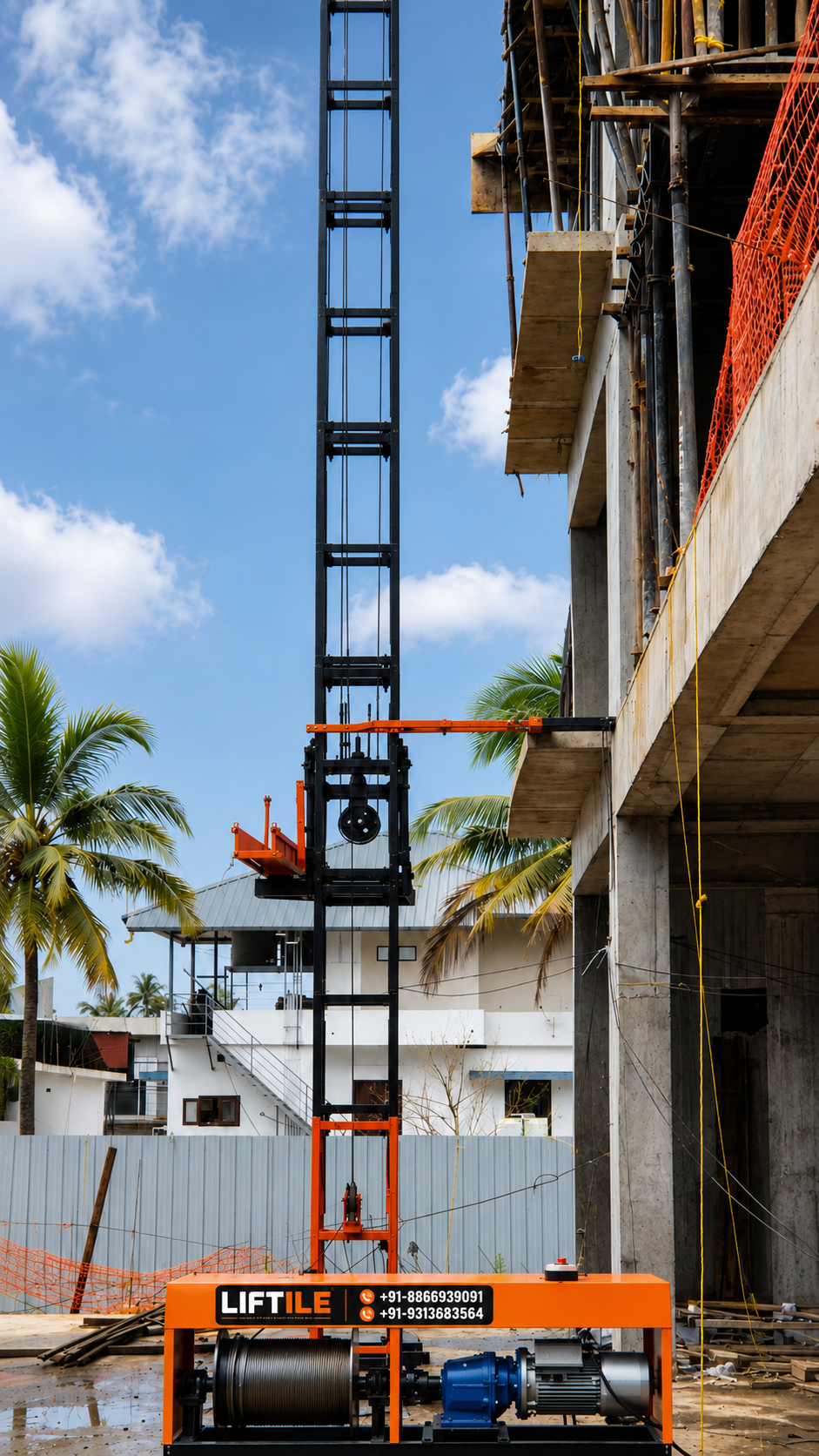 LIFTILE-branded LMTB winch base on a live multi-storey construction site