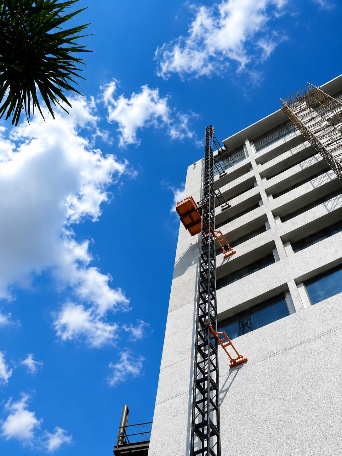 LMTB Series in operation — orange platform ascending a modern multi-storey building