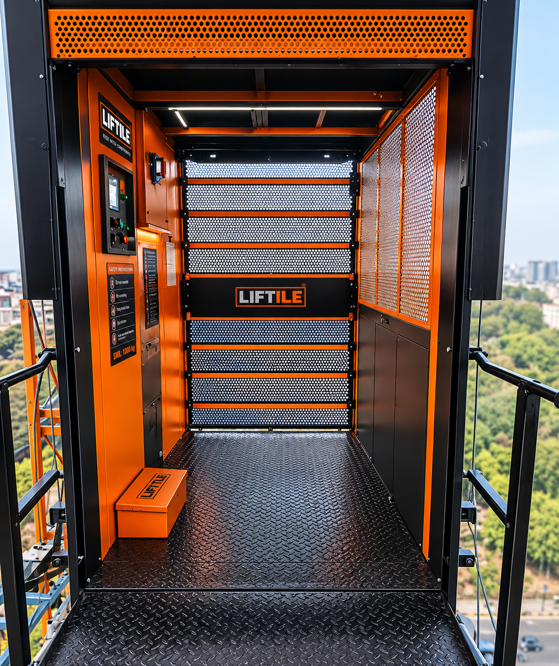 Inside the LPMH cage — safety instructions, control panel and diamond-plate flooring