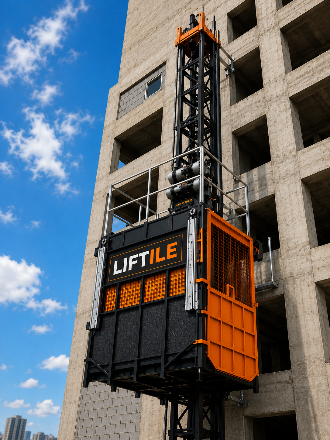LPMH Passenger cum Material Hoist mounted on a high-rise concrete structure